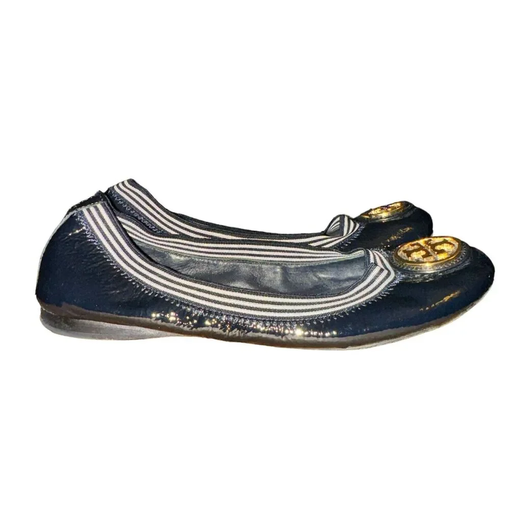 Tory Burch Caroline 2 Naplack Elastic Ballet Flats Women's 6 M Navy Blue Leather